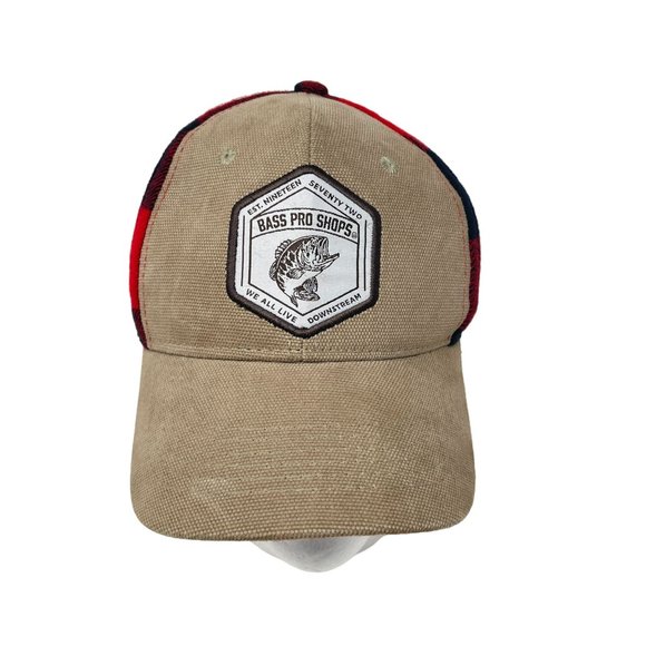 Bass Pro‎ Shops Red Black Buffalo Plaid Hat Snapback Gone Fishing Cap Adjustable - Picture 1 of 7
